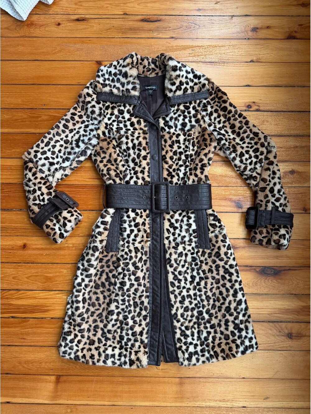 VINTAGE BEBE RABBIT FUR COLLAR LEATHER JACKET XS Y2K COAT BELT LEOPARD PRINT